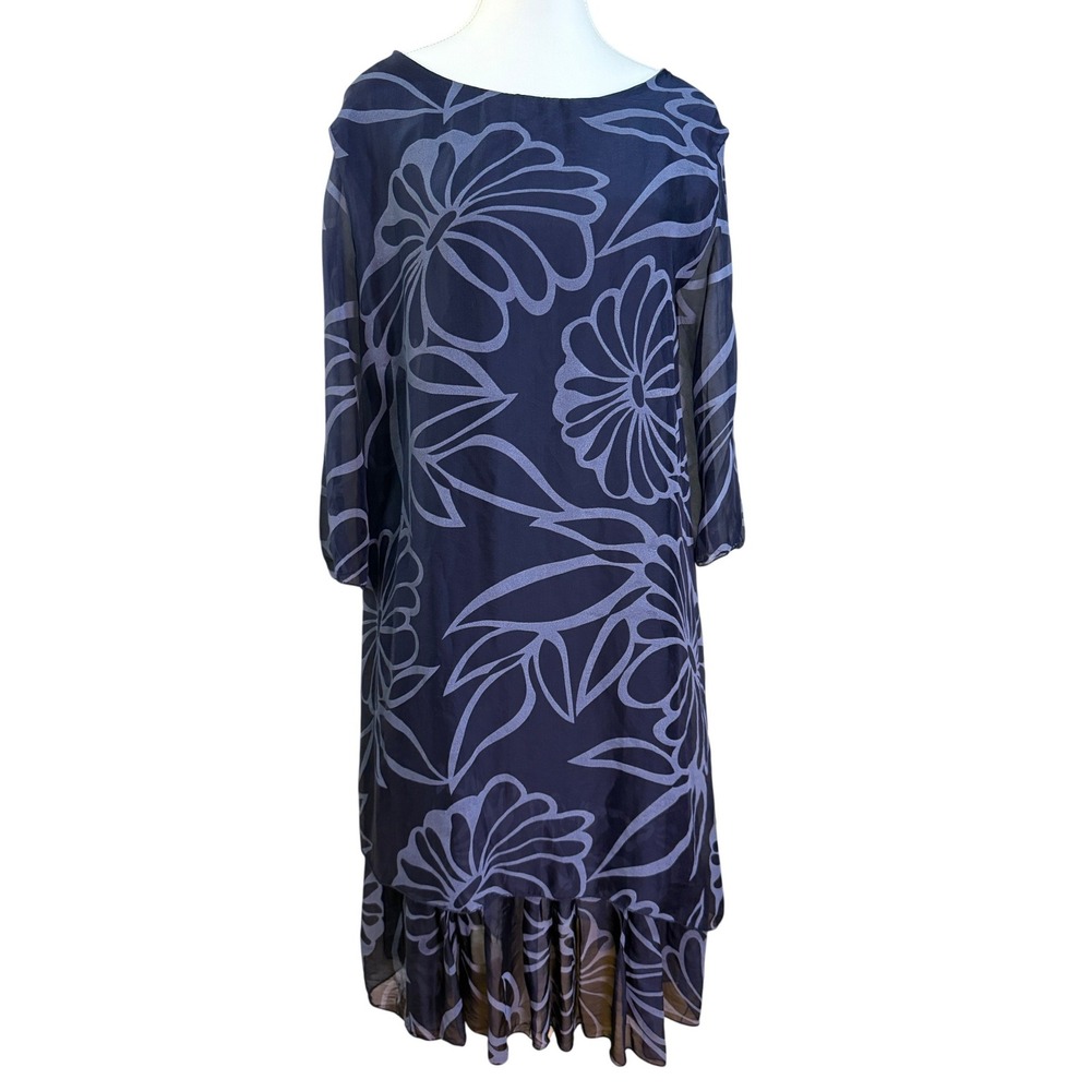 Tina Stephens Floral Midi Dress Women XL Navy Blue Silk Blend Ruffle Made Italy